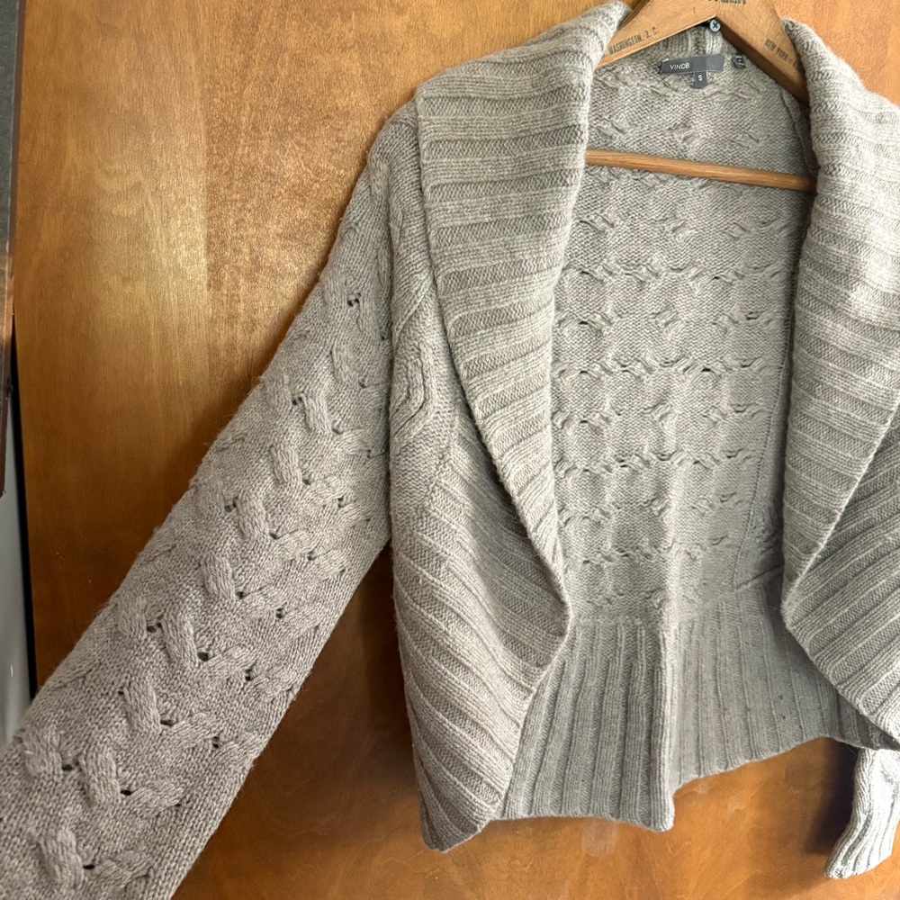 Vince Alpaca Wool Cashmere Tan Bolero Cocoon Cardigan Sweater Cable Knit Preppy - Picture 5 of 13